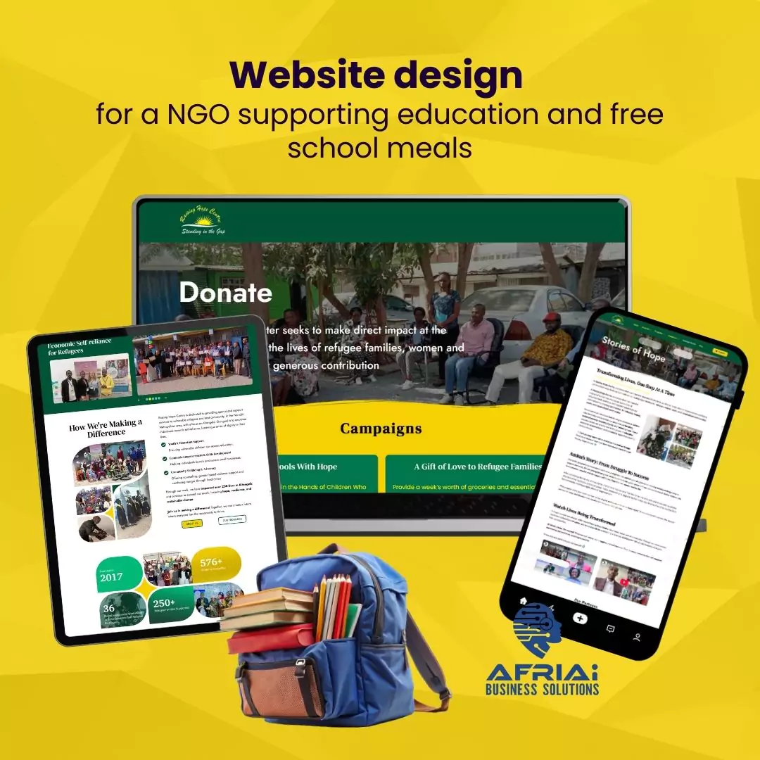 raising hope center website design portfolio for AfriAi Business solutions. A charity website design to raise funds for humanitarian causes